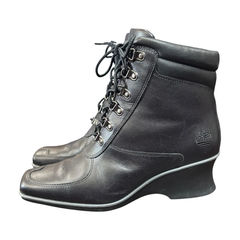 Timberland Hill Black Leather Wedge square Toe Bootie Size 7.5 US Womens